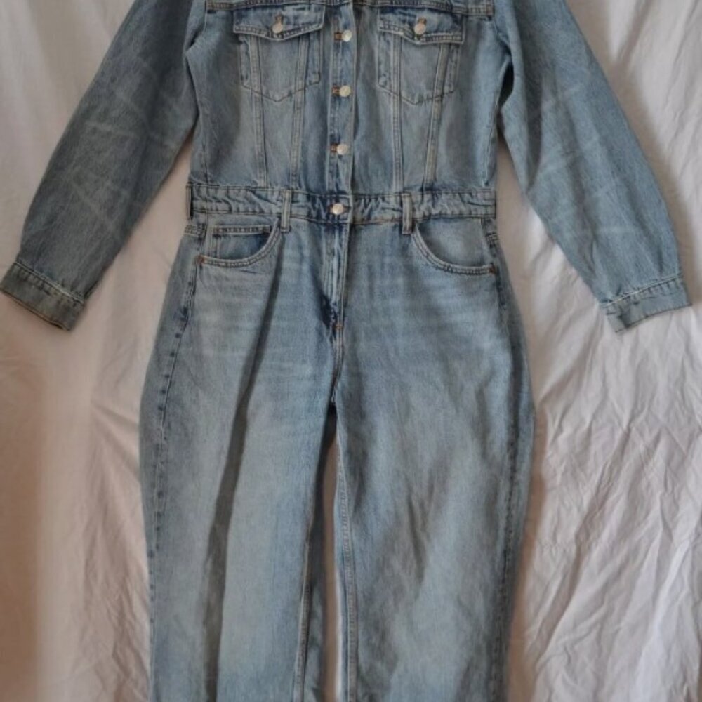 ZARA WOMAN WIDE-LEG DENIM TRF JUMPSUIT FADED BLUE SIZE XS 8197 049/400 - Picture 4 of 6